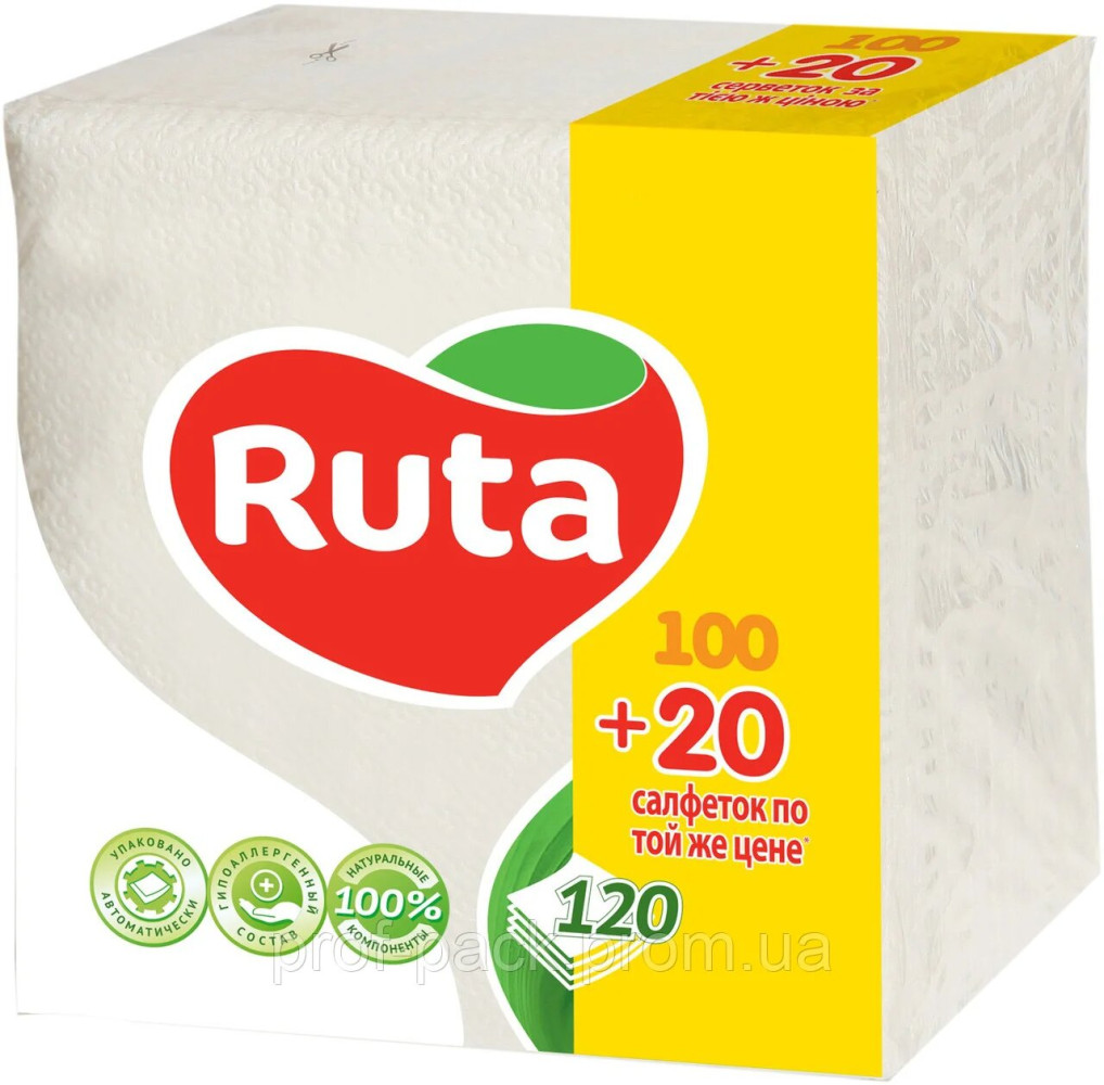 Салфетка 24х24см, 1-но слойная белая, тм Рута, 120 шт/уп