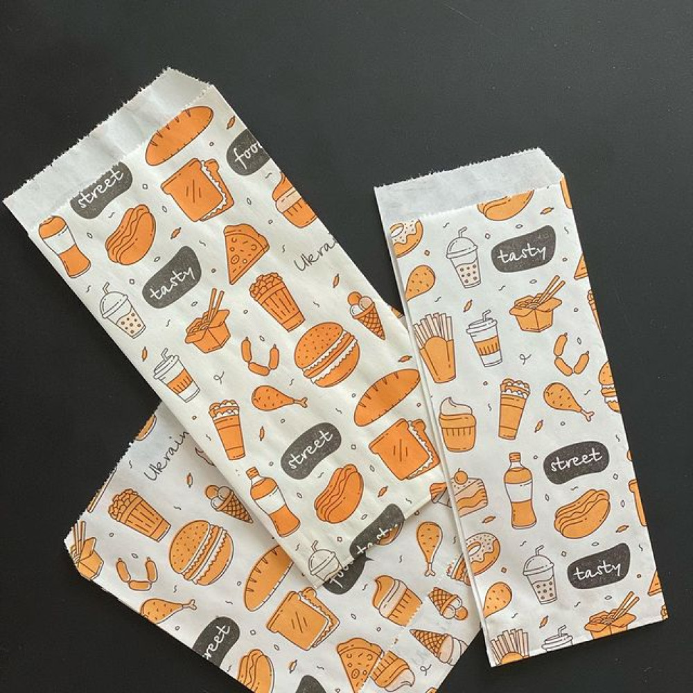 Пакет бумажный уголок белый с печатью 100х210 мм 100 шт/уп