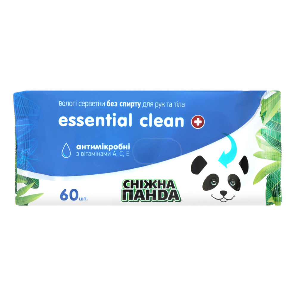 Салфетки влажные для рук и тела антимикробные с витаминами, Снежная Панда Essential Clean, 60 шт/уп