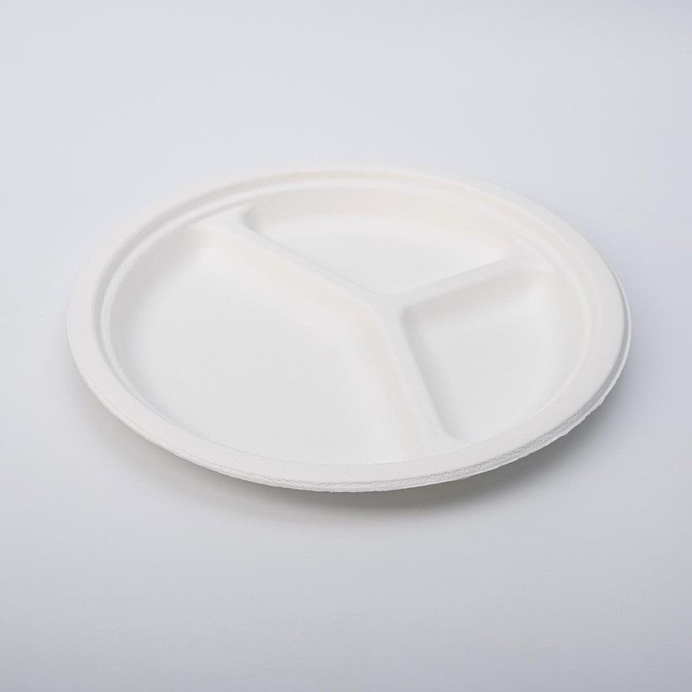 Тарелка одноразовая из сахарного тростника круглая белая 3-х секционная 258 мм 50 шт/уп