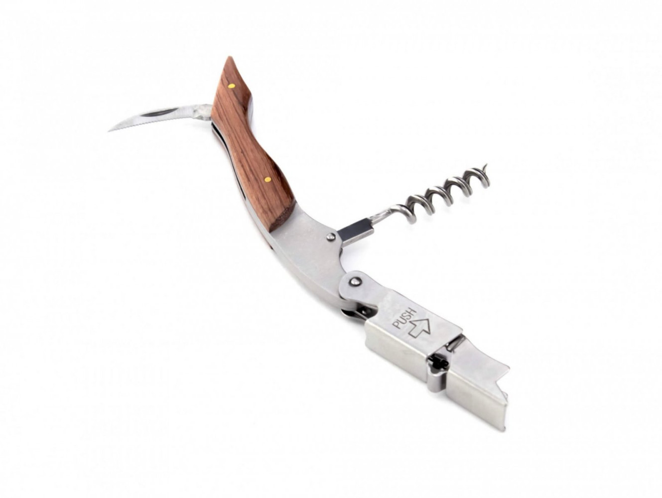 Штопор для официанта двухступенчатый из нержавеющей стали с деревянной ручкой 12 см