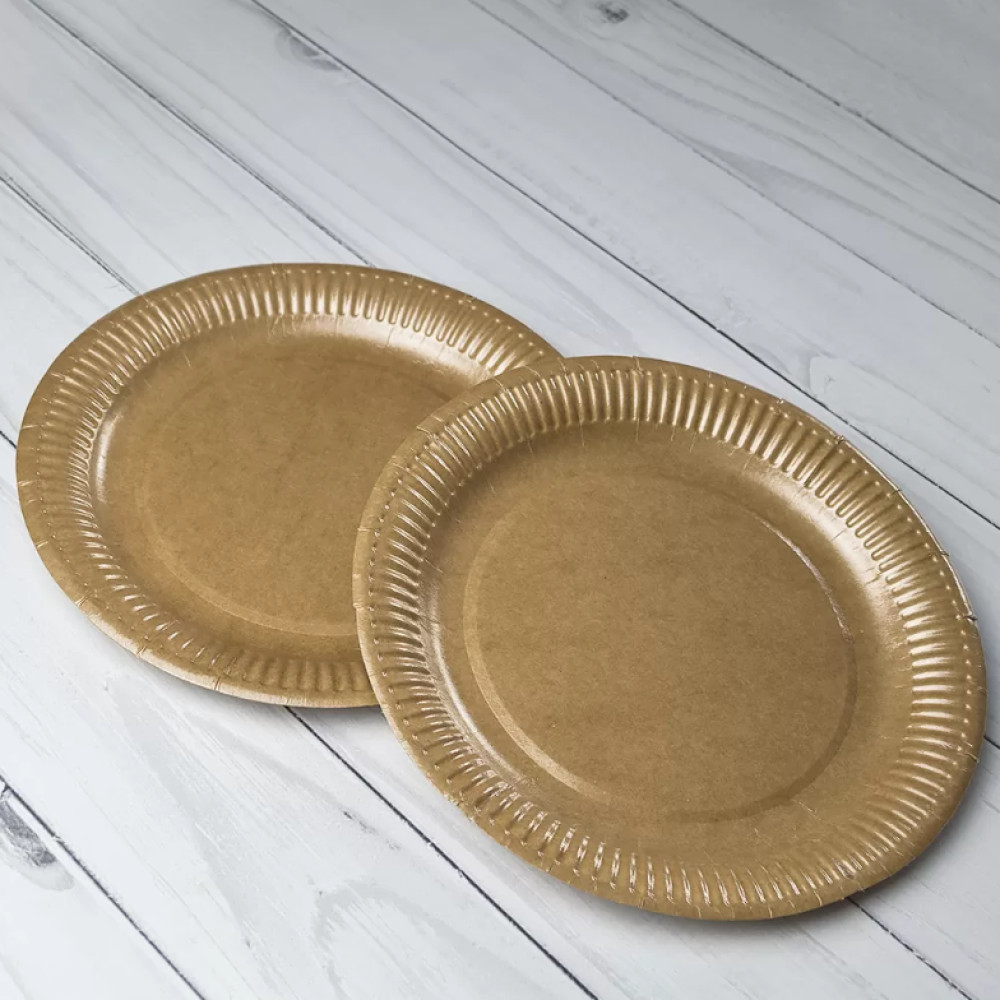 Тарелка столовая бумажная круглая ламинированная крафт 230 мм 100 шт/уп