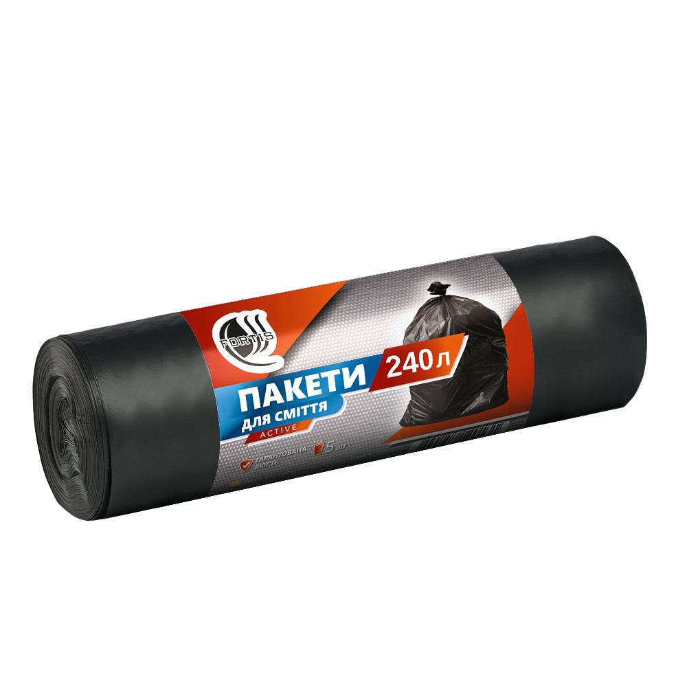 Пакет для мусора Fortis Active прочный черный 240 л 33 мкм 5 шт/рул
