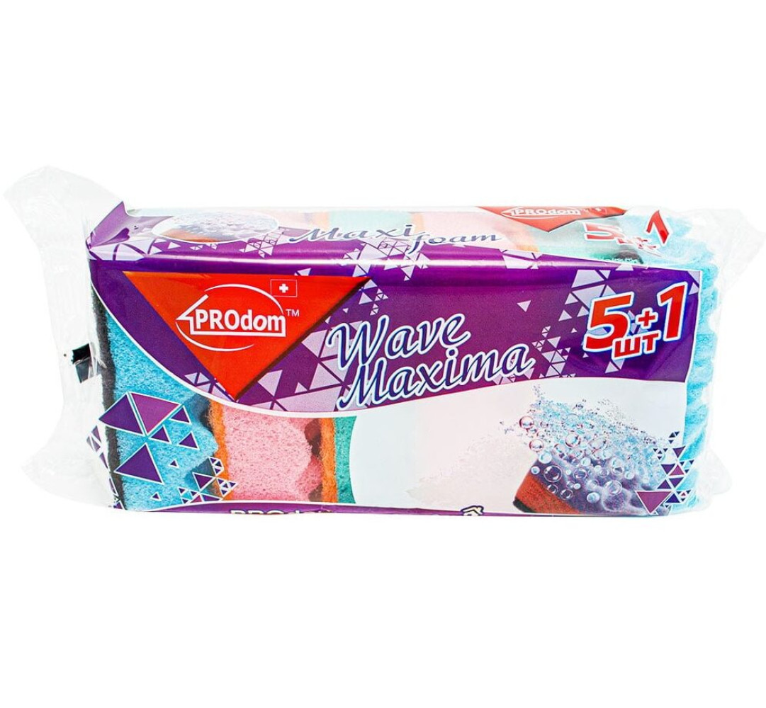 Губка кухонная волнистая PROdom Wave Maxima 10х6,5х3,5 см 5+1 шт/уп