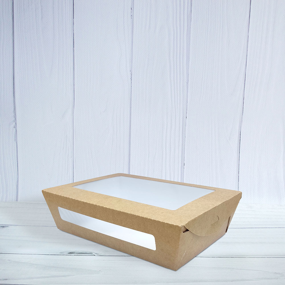 Ланч бокс бумажный крафт с белым дном с окном 700 мл 150х100х45 мм 1 шт (50/450)