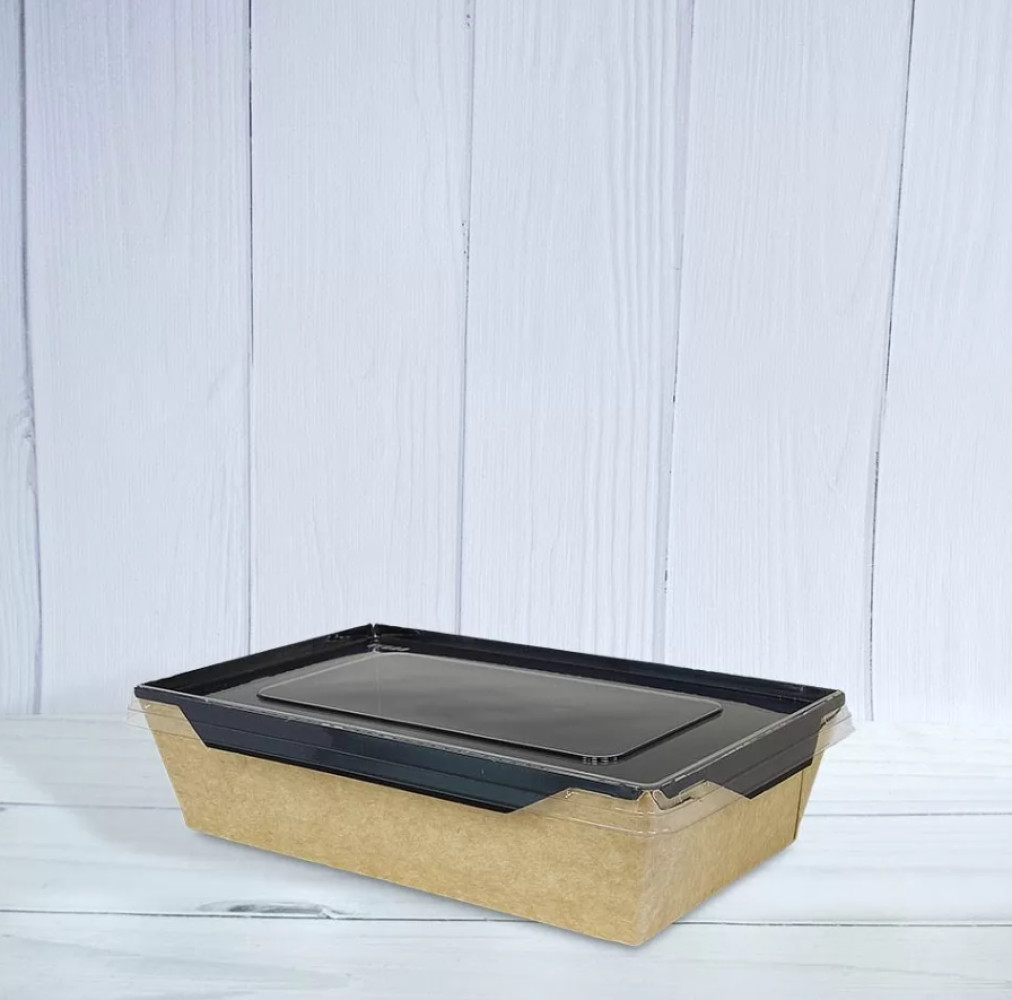 Контейнер бумажный крафт с черным дном с крышкой 700 мл 150х100х45 мм 1 шт (50/200)