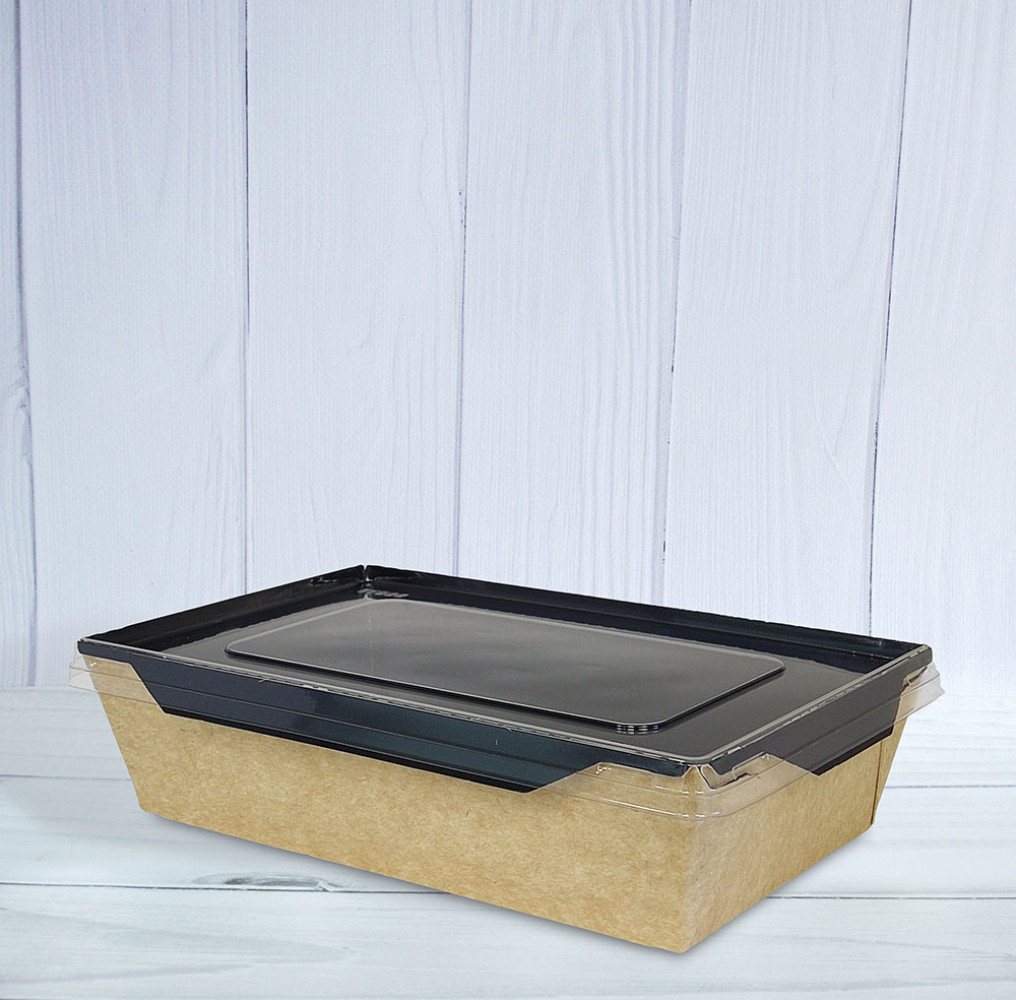 Контейнер бумажный крафт с черным дном с крышкой 1000 мл 185х105х55 мм 1 шт (50/200)